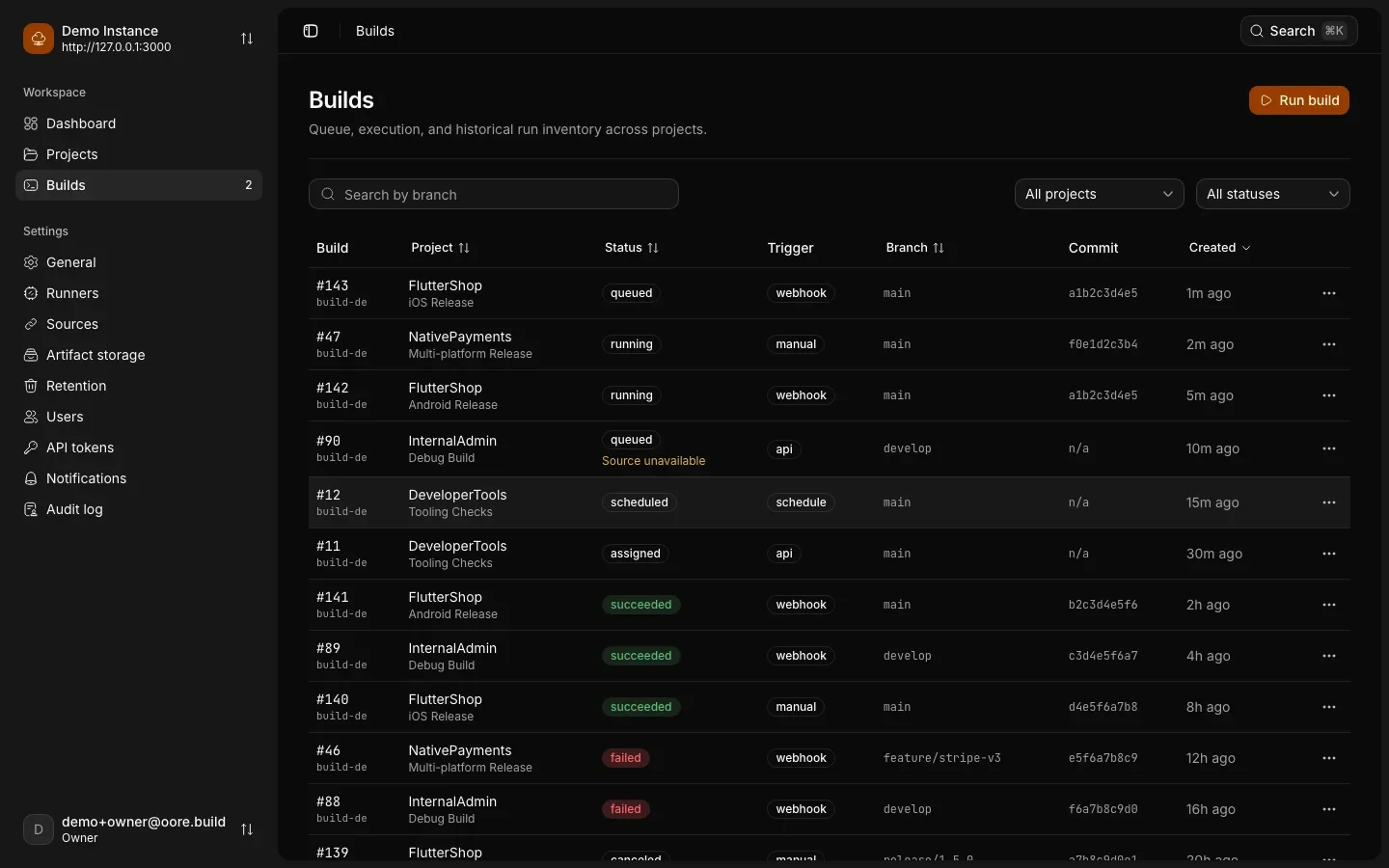 Oore builds list showing projects, branches, commits, build statuses, and triggers.