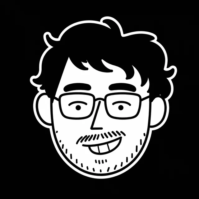 Line drawing of Arya with glasses and a crooked grin