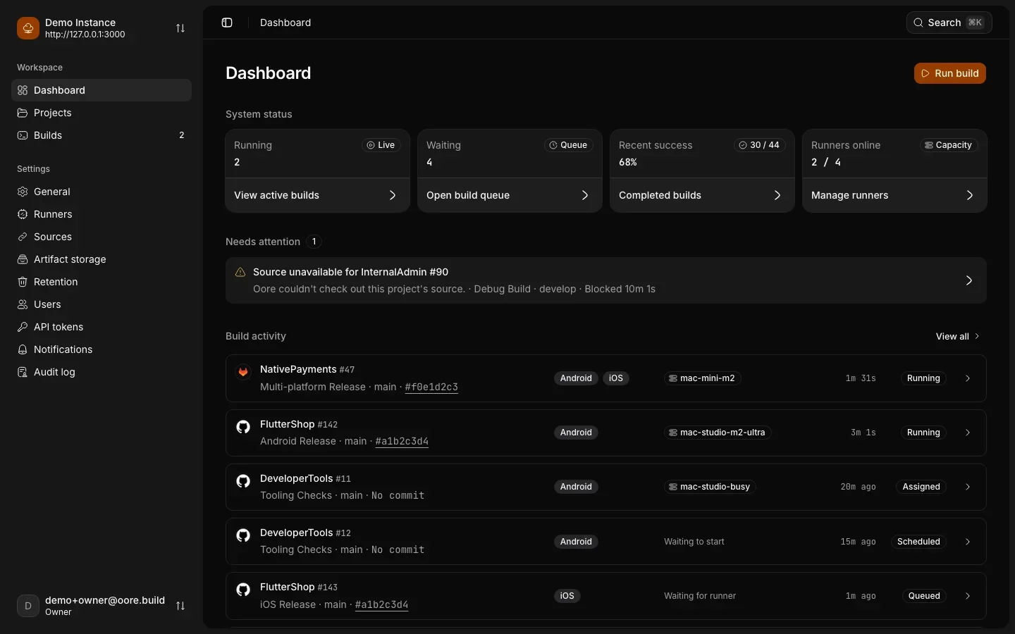 Oore dashboard showing running builds, the queue, runner availability, and a source error that needs attention.