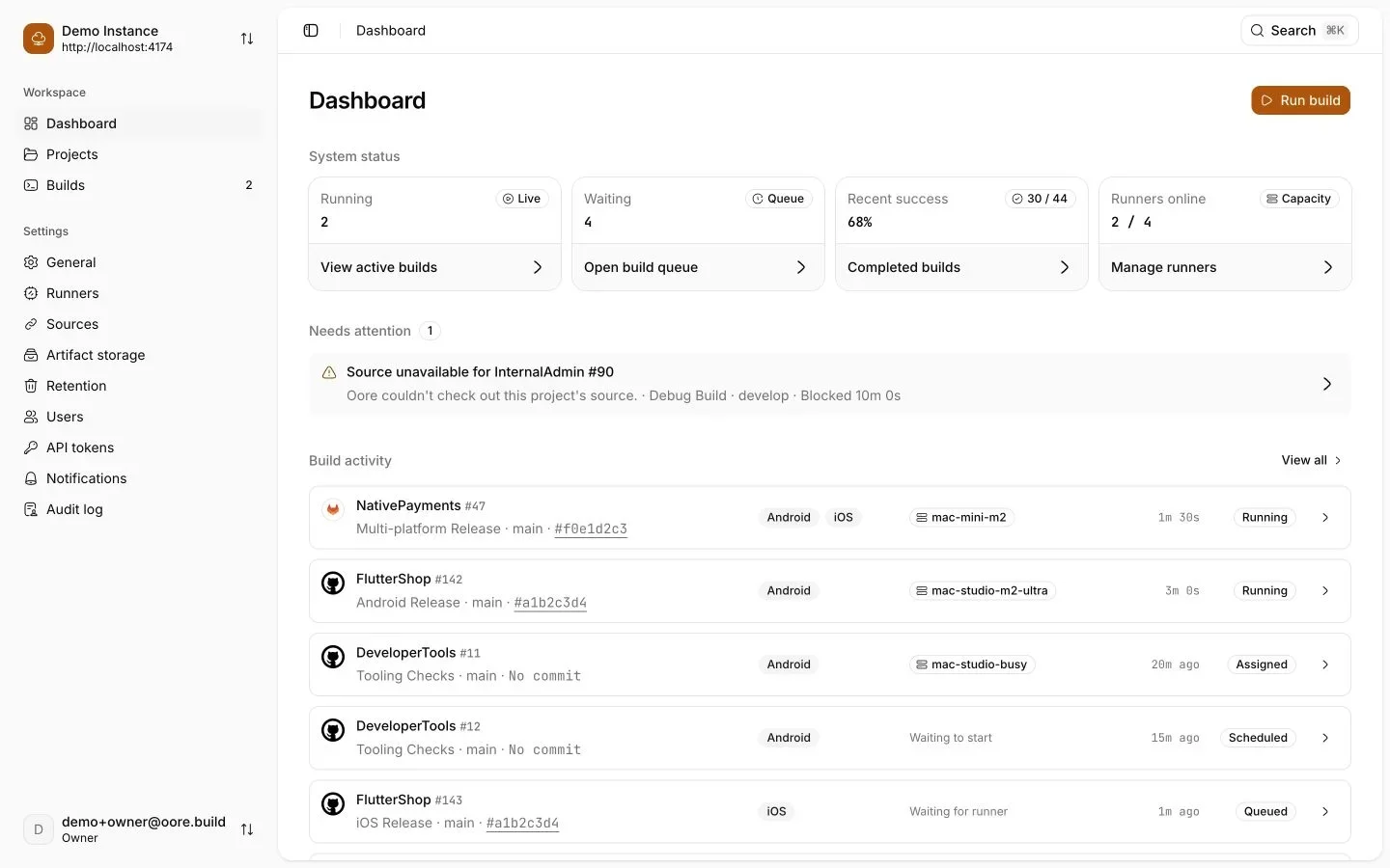 Oore dashboard showing running builds, the queue, runner availability, and a source error that needs attention.