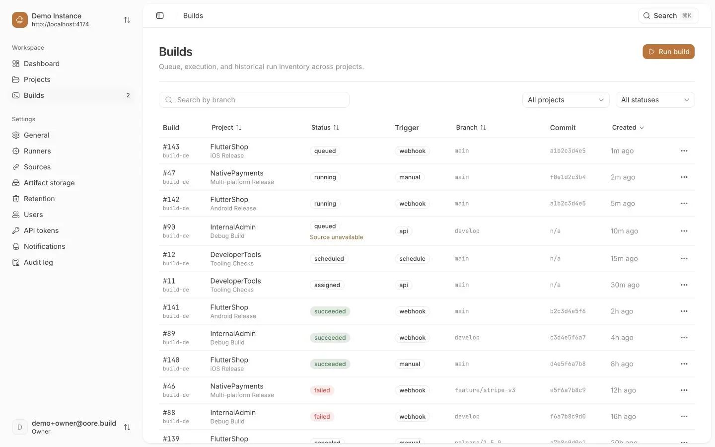Oore builds list showing projects, branches, commits, build statuses, and triggers.